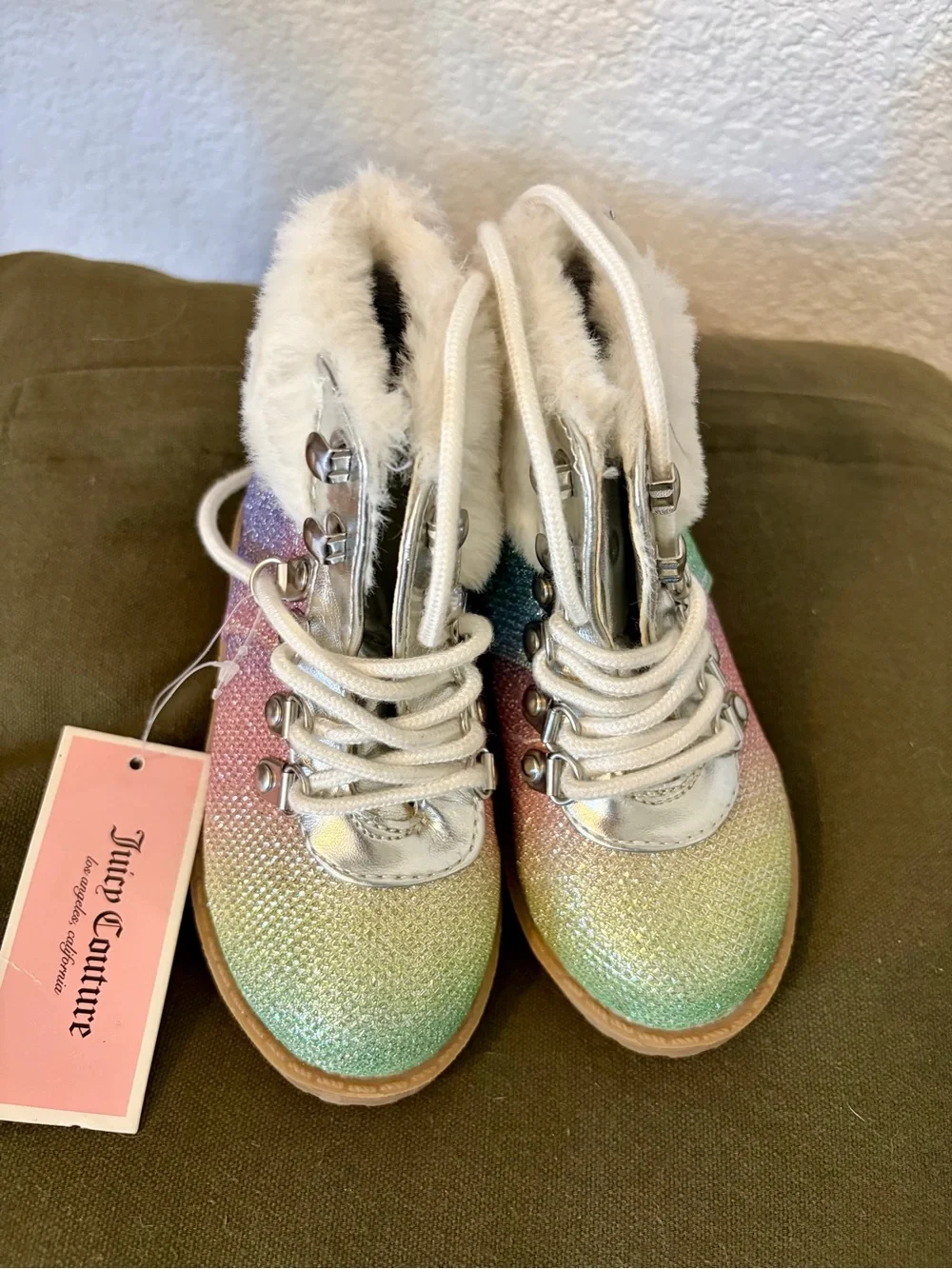 Juicy Couture Girls Rainbow Glitter Faux-Fur Lace-Up Boots - Multi